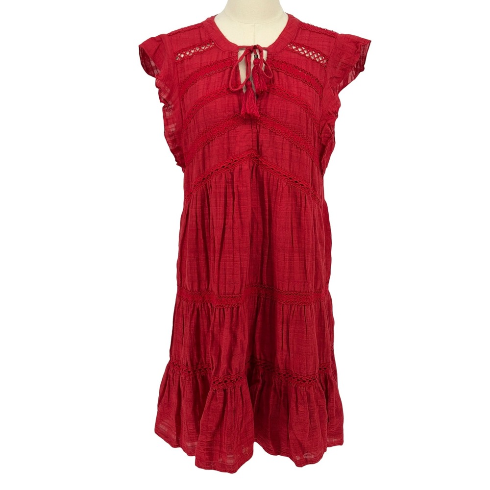 Knox Rose Tiered Mini Dress Red Crochet Lace Tassel 100% Rayon Medium